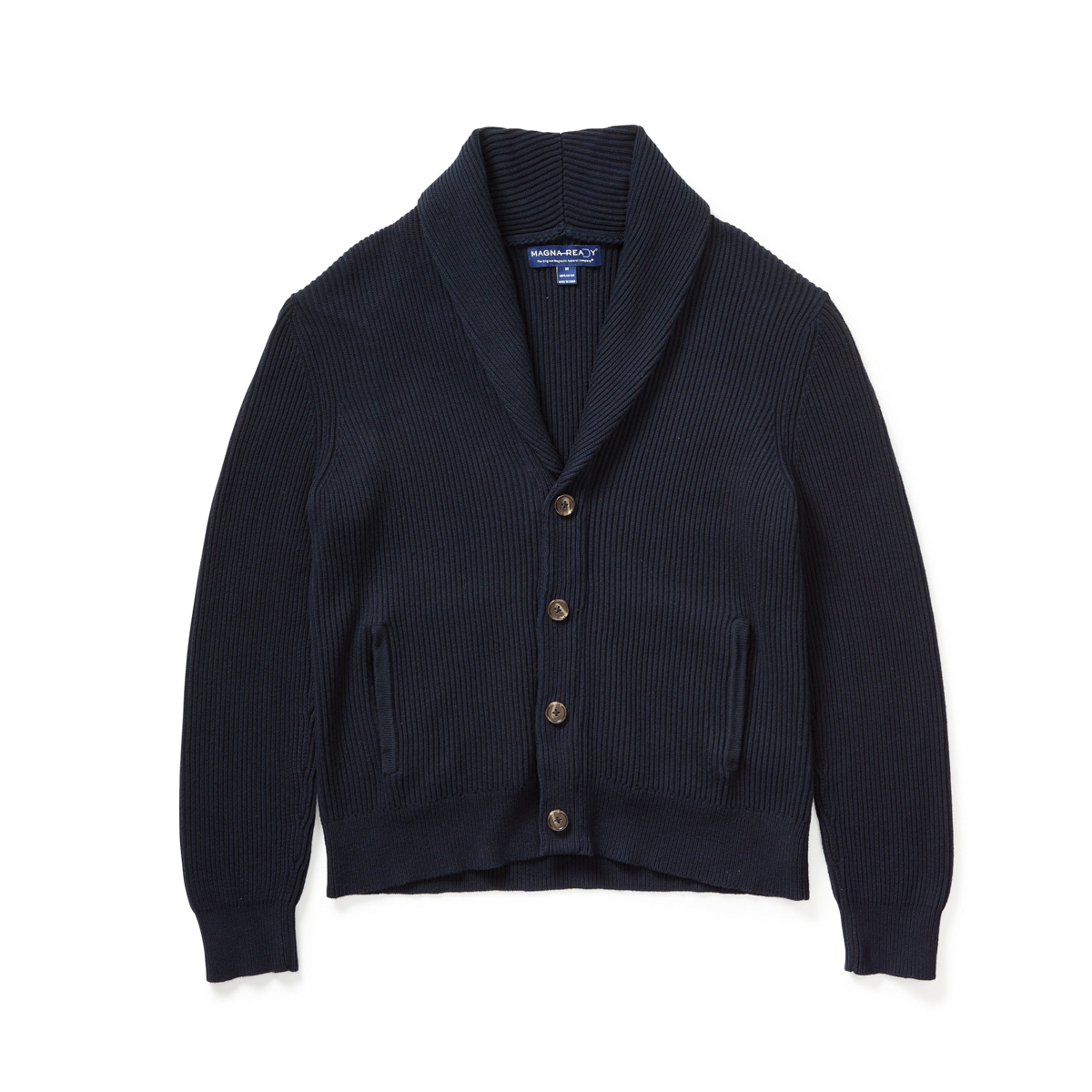 Navy adaptive ribbed cotton cardigan with shawl collar, magnetic button front, and pockets for premium comfort.