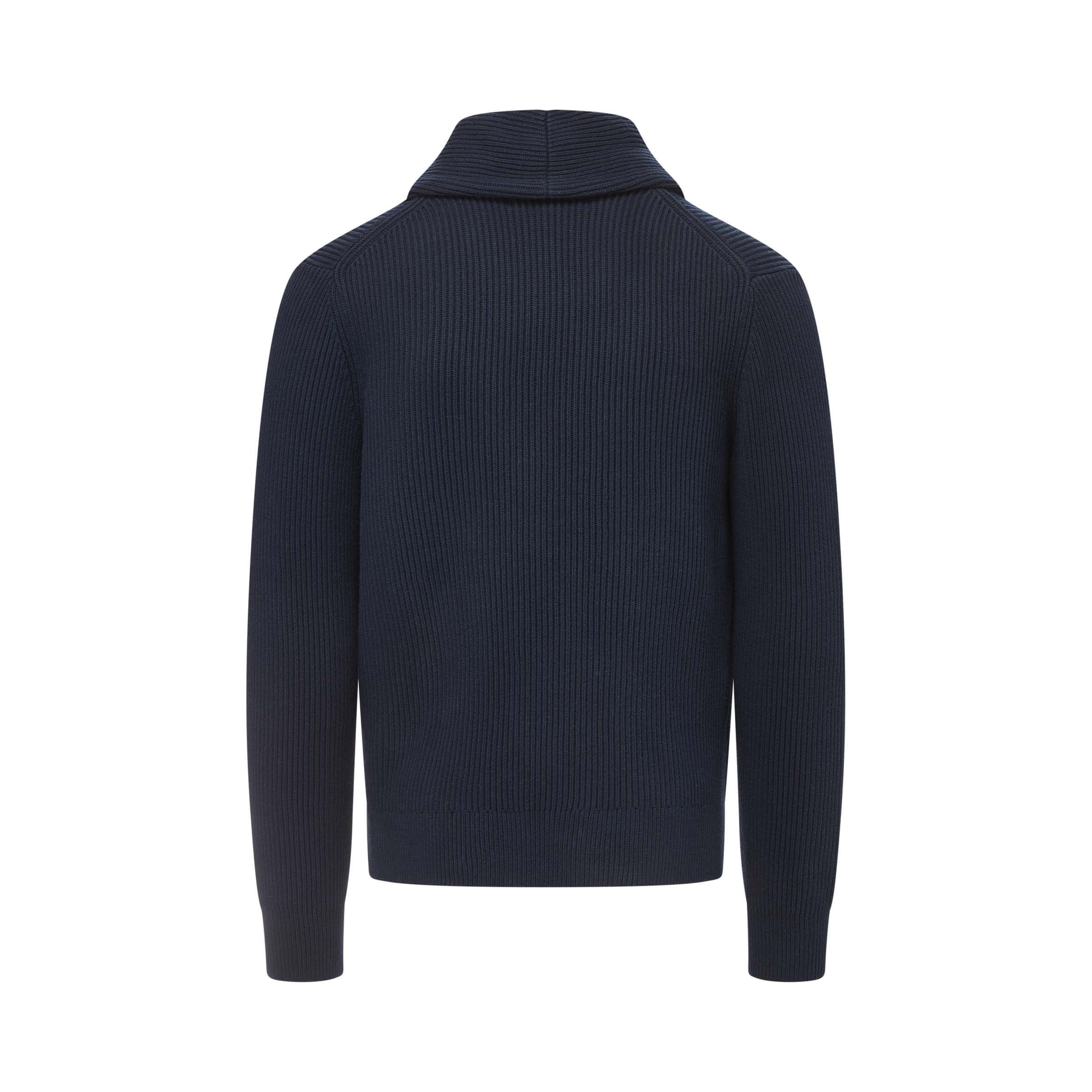 Back view of navy adaptive ribbed cotton shawl collar cardigan with magnetic button front.