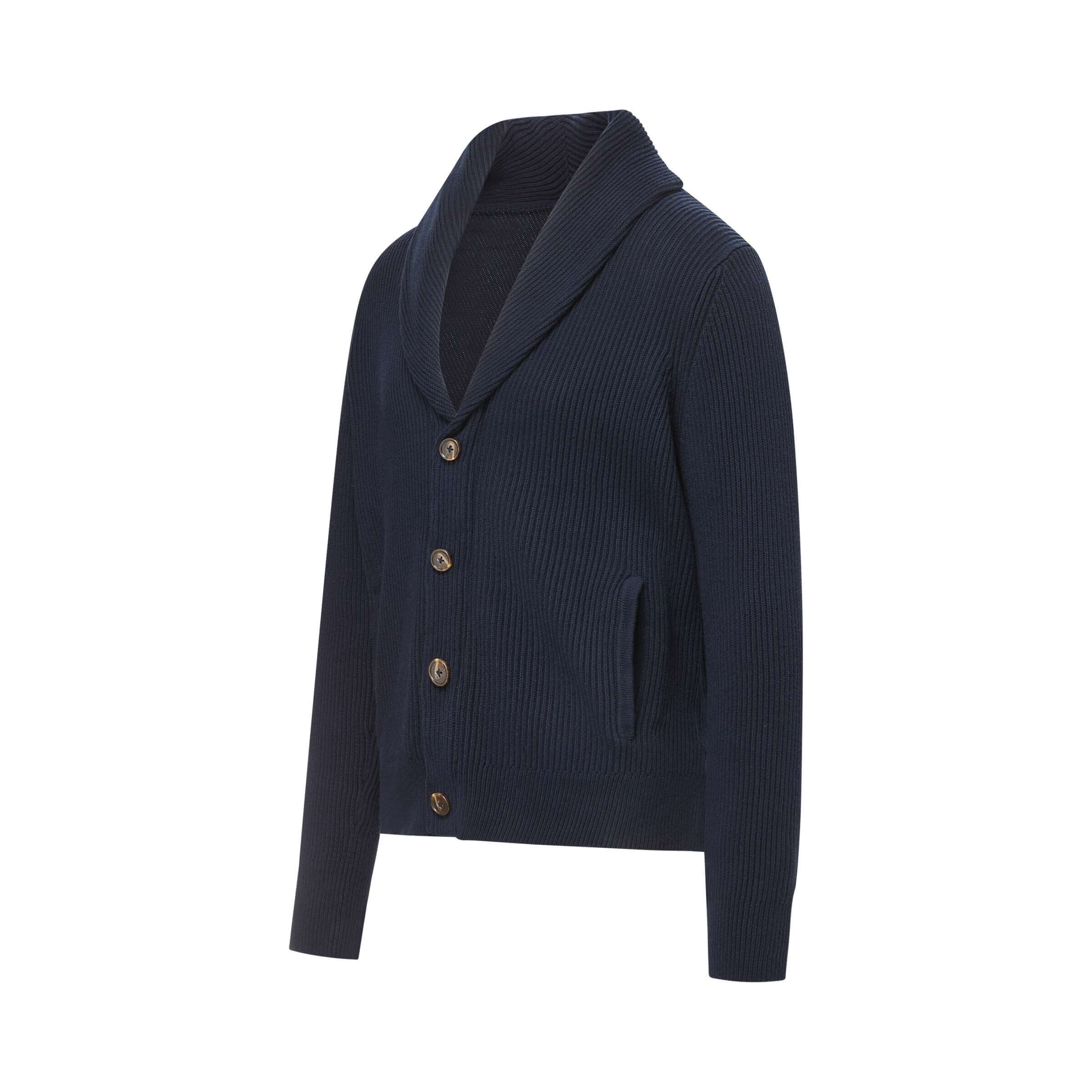 Navy adaptive ribbed cotton shawl collar cardigan with magnetic button front and side pockets.