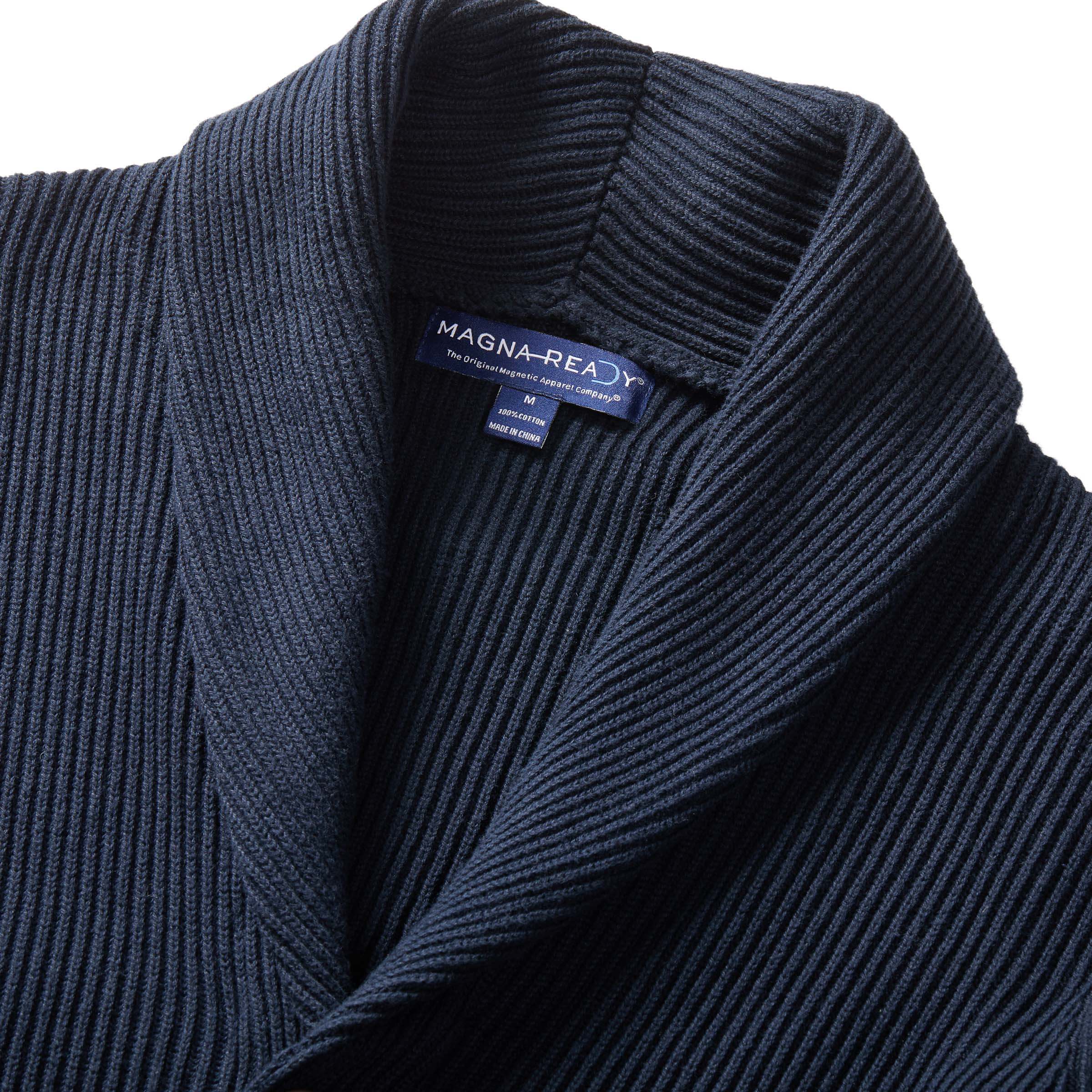 Navy ribbed cotton shawl collar cardigan with magnetic button front, featuring a luxurious and adaptive design.