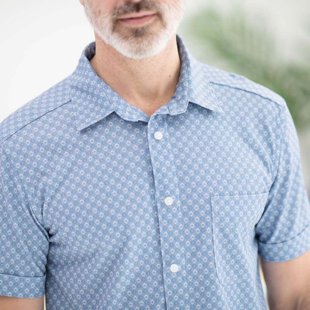 Adaptive Cooling Magnetic Shirt for Limited Mobility in Blue Diamond Pattern, designed for comfort and ease of wear.