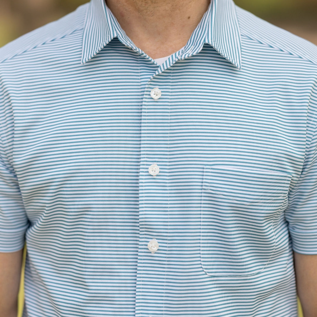 Adaptive Cooling Magnetic Front Short Sleeve Shirt in Green Stripe, close-up view of the shirt's front.