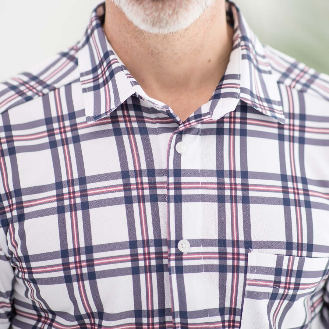 Navy and red plaid adaptive cooling shirt designed for limited mobility and comfort.