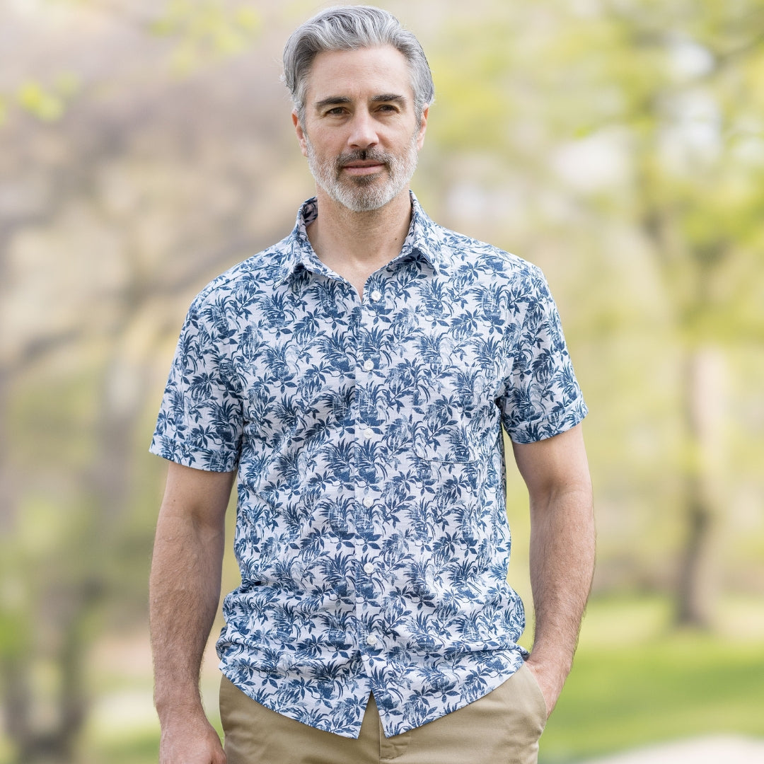 Adaptive Cooling Magnetic Front Short Sleeve Shirt in Blue Grey Palm, perfect for comfort and mobility.