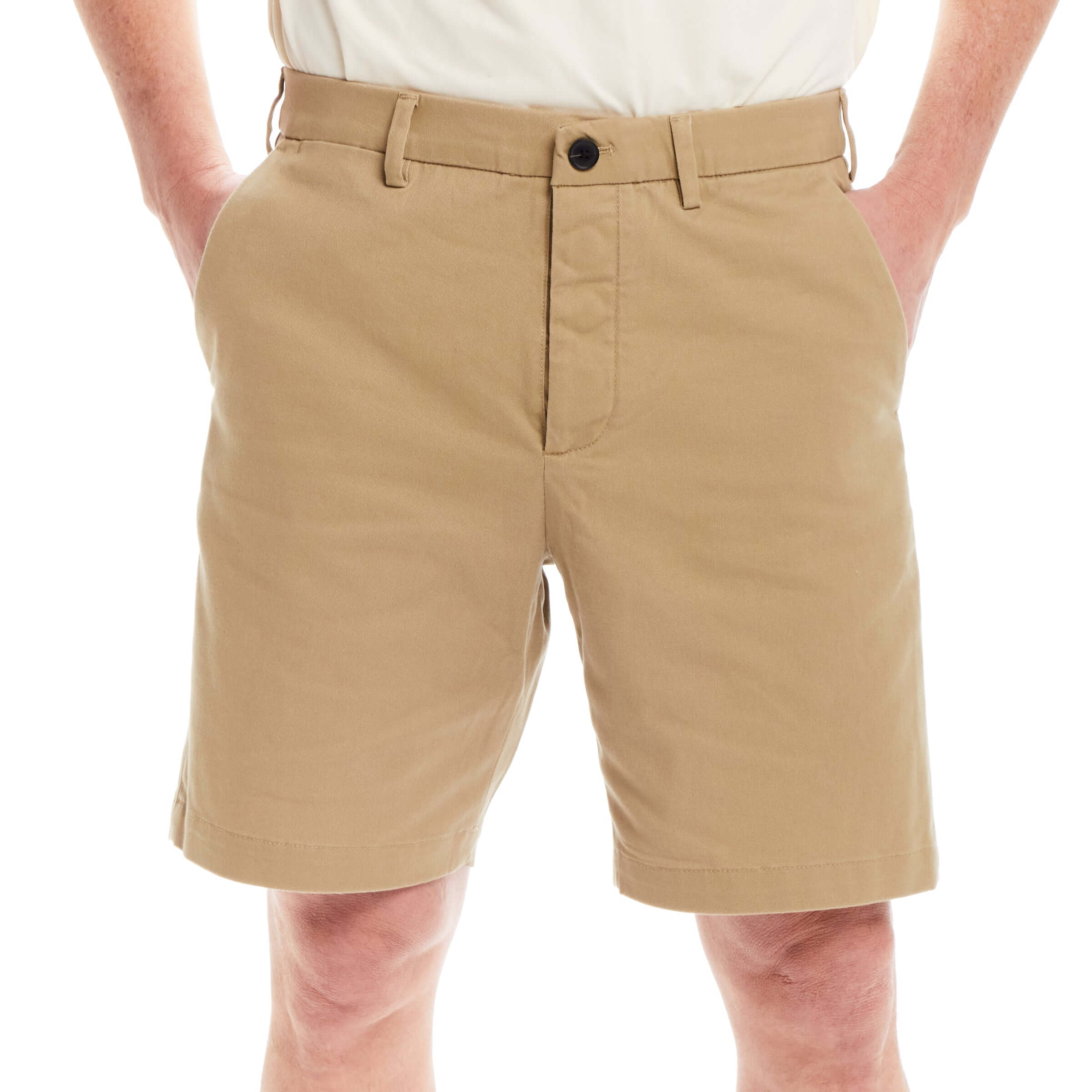 Flat front khaki chino twill shorts with magnetic closures for adaptive dressing by MagnaReady.