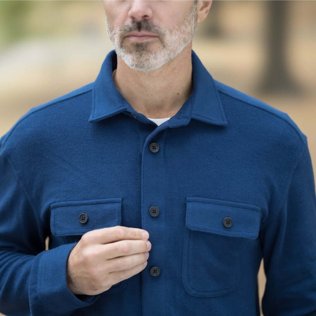 Men's adaptive indigo flannel shirt jacket with magnetic closures, styled for all seasons.