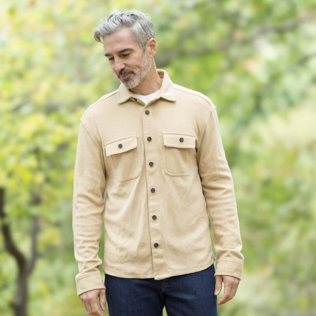 Men's khaki flannel shirt jacket combo, featuring magnetic closures and a stylish design for seasonal layering.