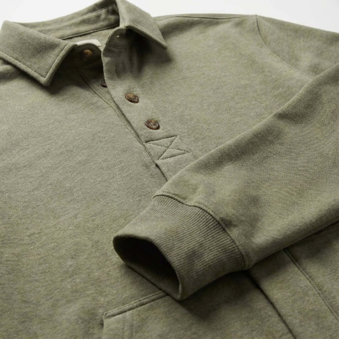 The Adaptive Magnetic Front Sweatshirt in Heathered Olive showing detailed collar and buttons.