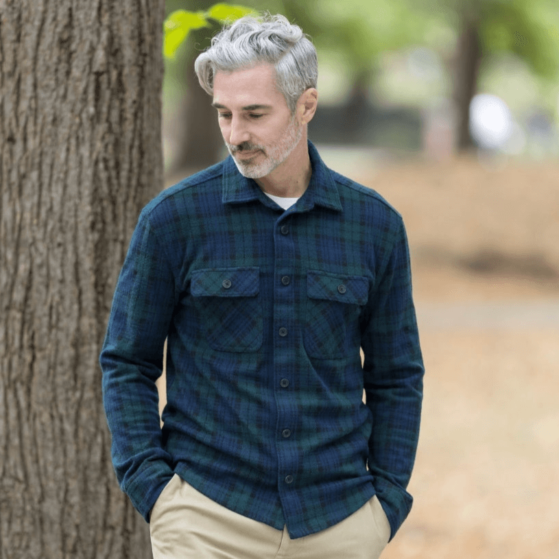 Men's adaptive navy and green check flannel shirt, perfect for layering during cooler seasons.