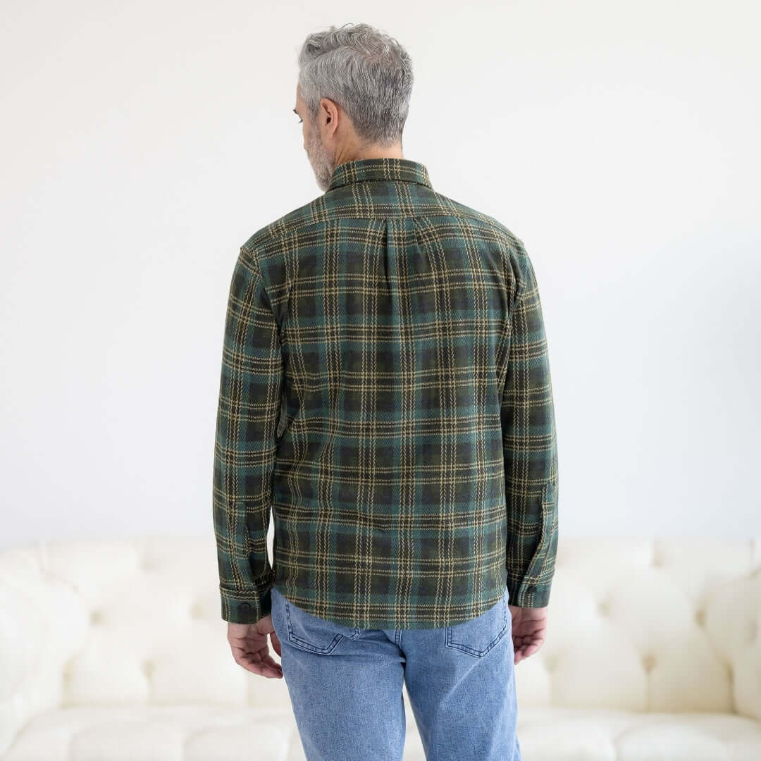 Adaptive Olive Plaid Flannel Shirt with Magnetic Closures viewed from the back, designed for easy dressing.