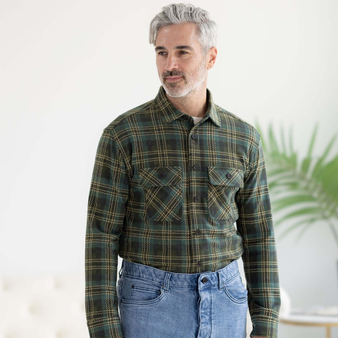 Adaptive Olive Plaid Flannel Shirt with Magnetic Closures worn by a man, showcasing comfort and style.