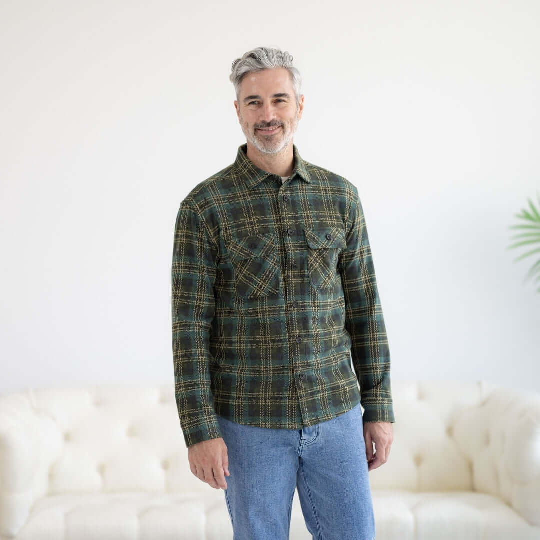 Adaptive Olive Plaid Flannel Shirt with Magnetic Closures, designed for comfort and easy dressing.