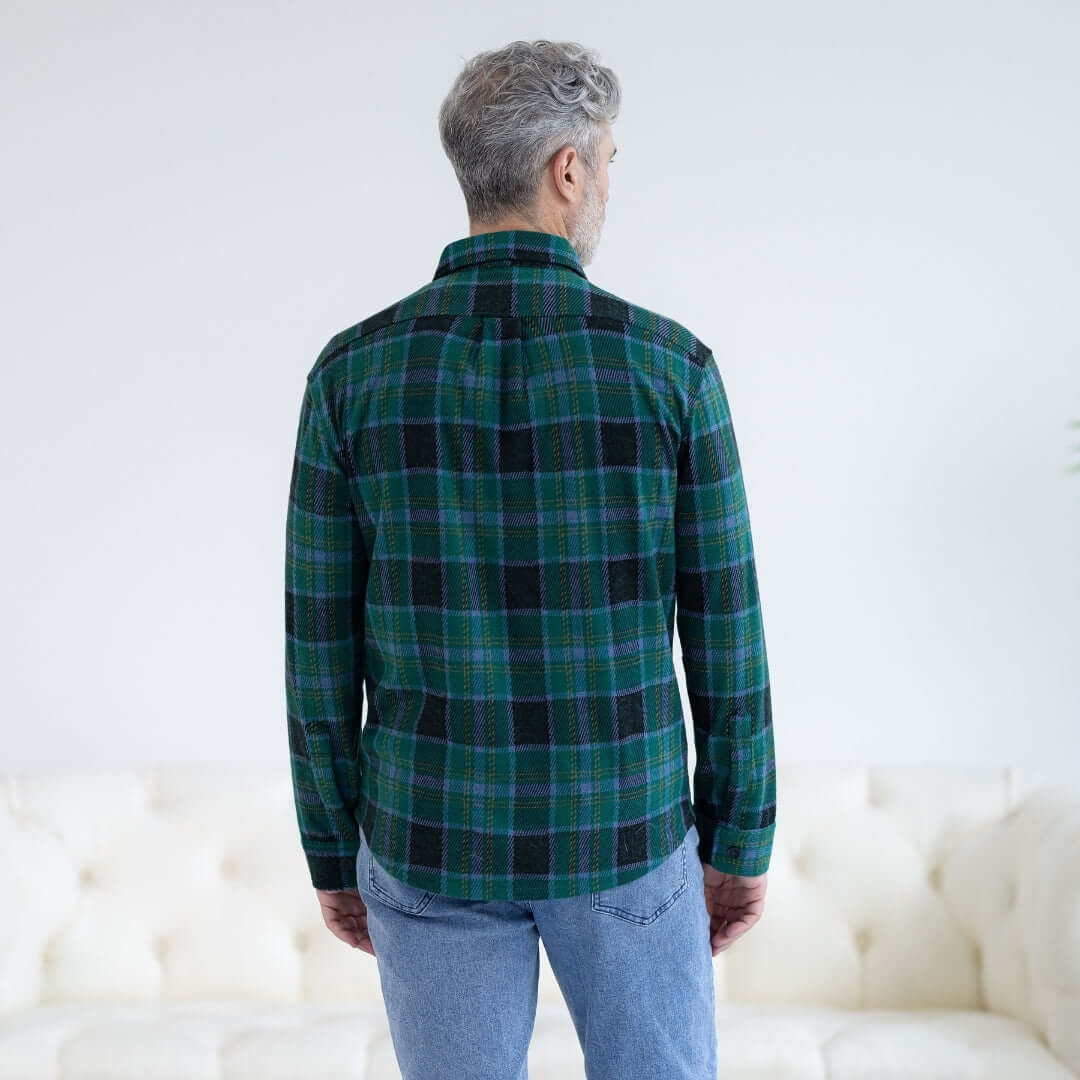Adaptive Teal Plaid Flannel Shirt with Magnetic Closures worn by a man, showcasing the back view.