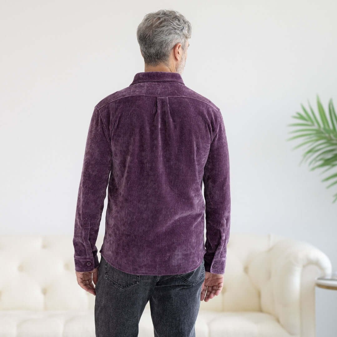 Adaptive Vintage Violet Everyday Corduroy Shirt with Magnetic Closures and Pockets worn by a man from the back.
