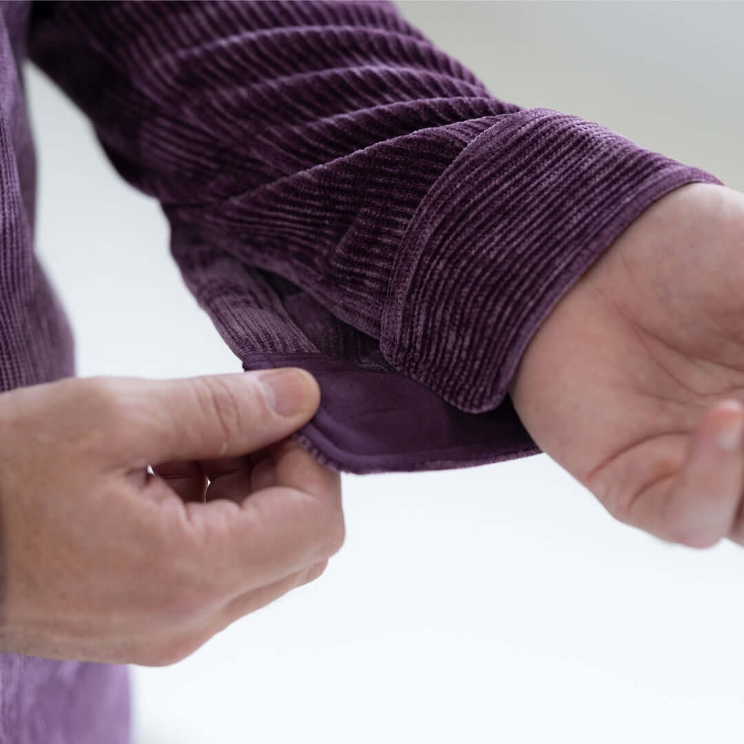 Adaptive Vintage Violet Everyday Corduroy Shirt with Magnetic Closures and Pockets close-up of sleeve.