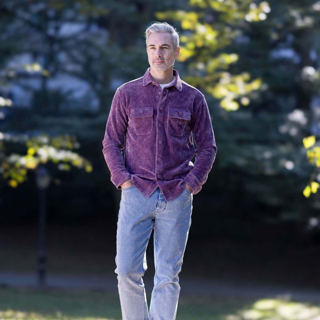 Adaptive Vintage Violet Everyday Corduroy Shirt with Magnetic Closures and Pockets modeled outdoors by a man.
