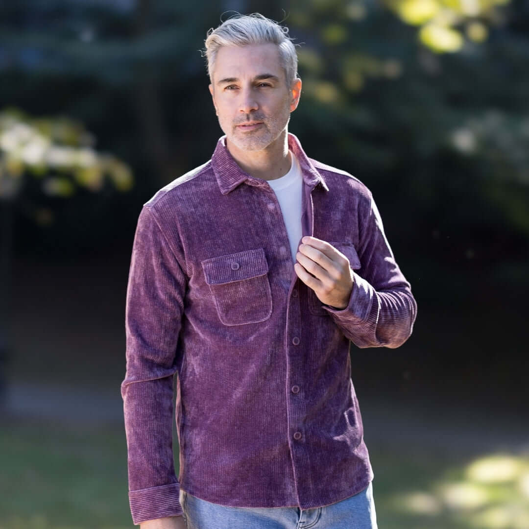 Adaptive Vintage Violet Everyday Corduroy Shirt with Magnetic Closures and Pockets worn by a man outdoors.