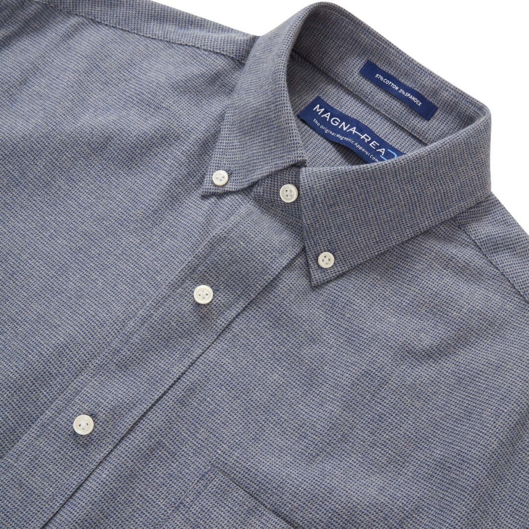 Blue Grey Brushed Flannel Long Sleeve Button Down Collar Shirt with Magnetic Closures