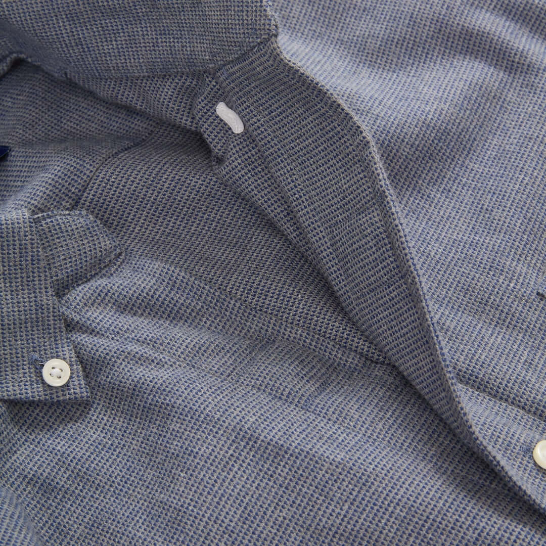 Blue Grey Brushed Flannel Long Sleeve Button Down Collar Shirt with Magnetic Closures close-up view