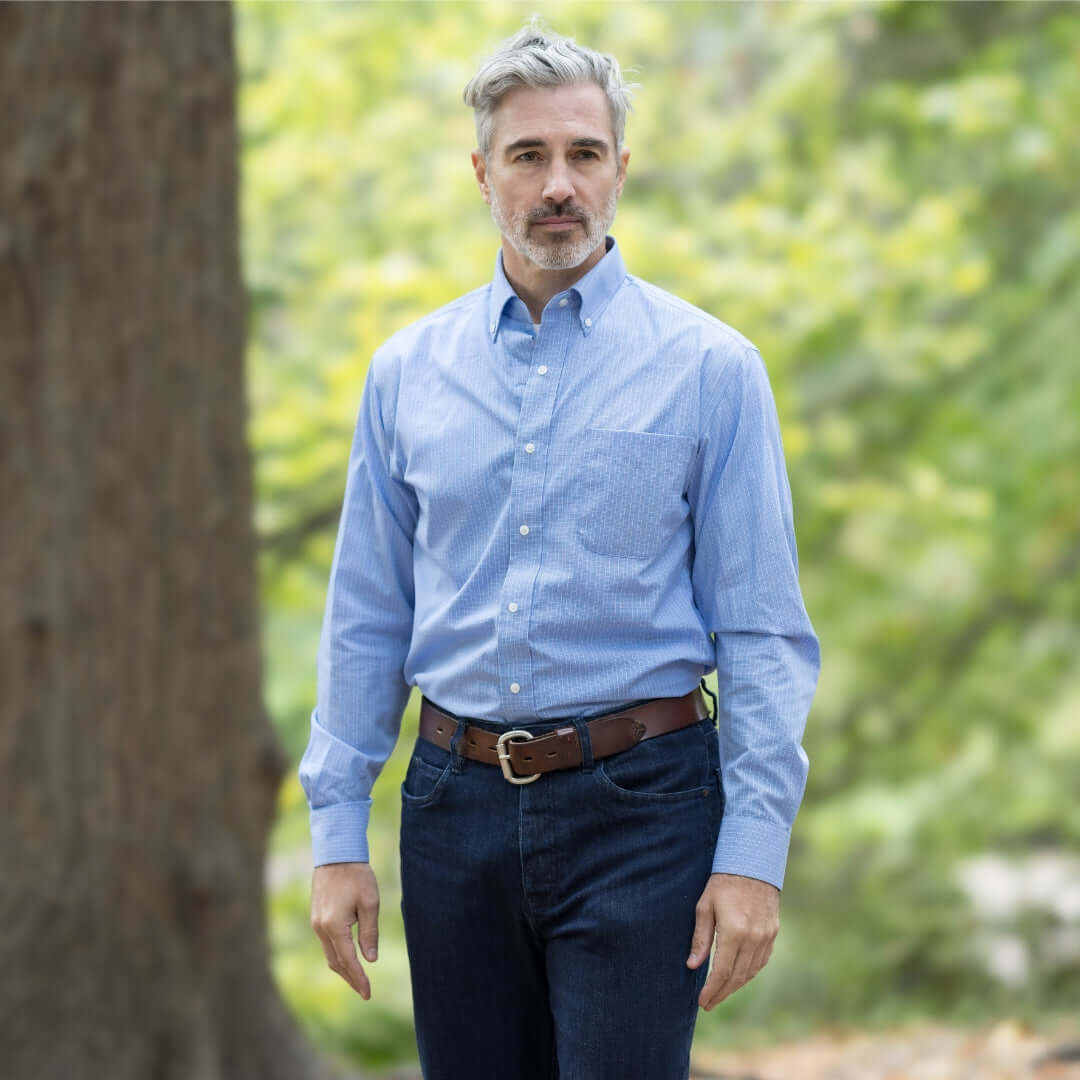 Blue long sleeve button down shirt with magnetic closures, designed for ease of dressing and comfort.