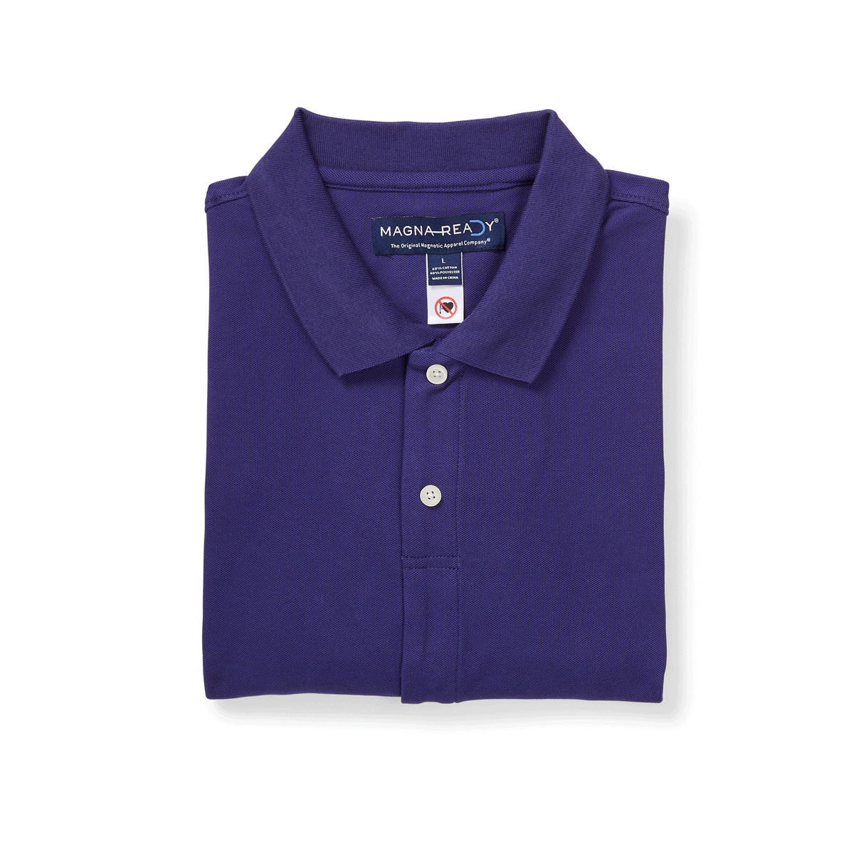 Blue pique knit polo shirt with magnetic closures, designed for comfort and easy dressing for individuals with disabilities.