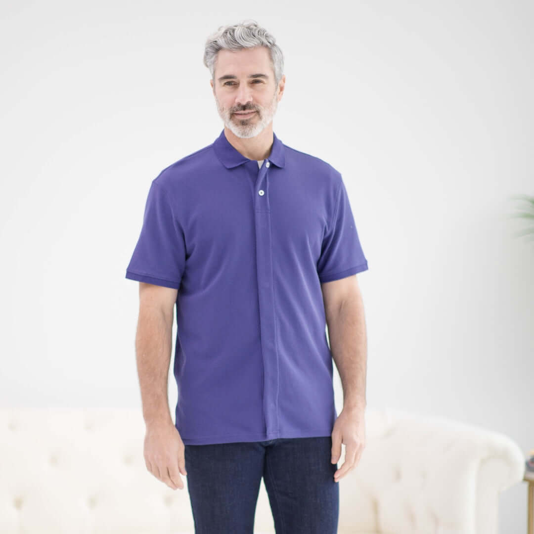 Blue pique knit short sleeve polo shirt with MagnaReady® magnetic closures for easy dressing.