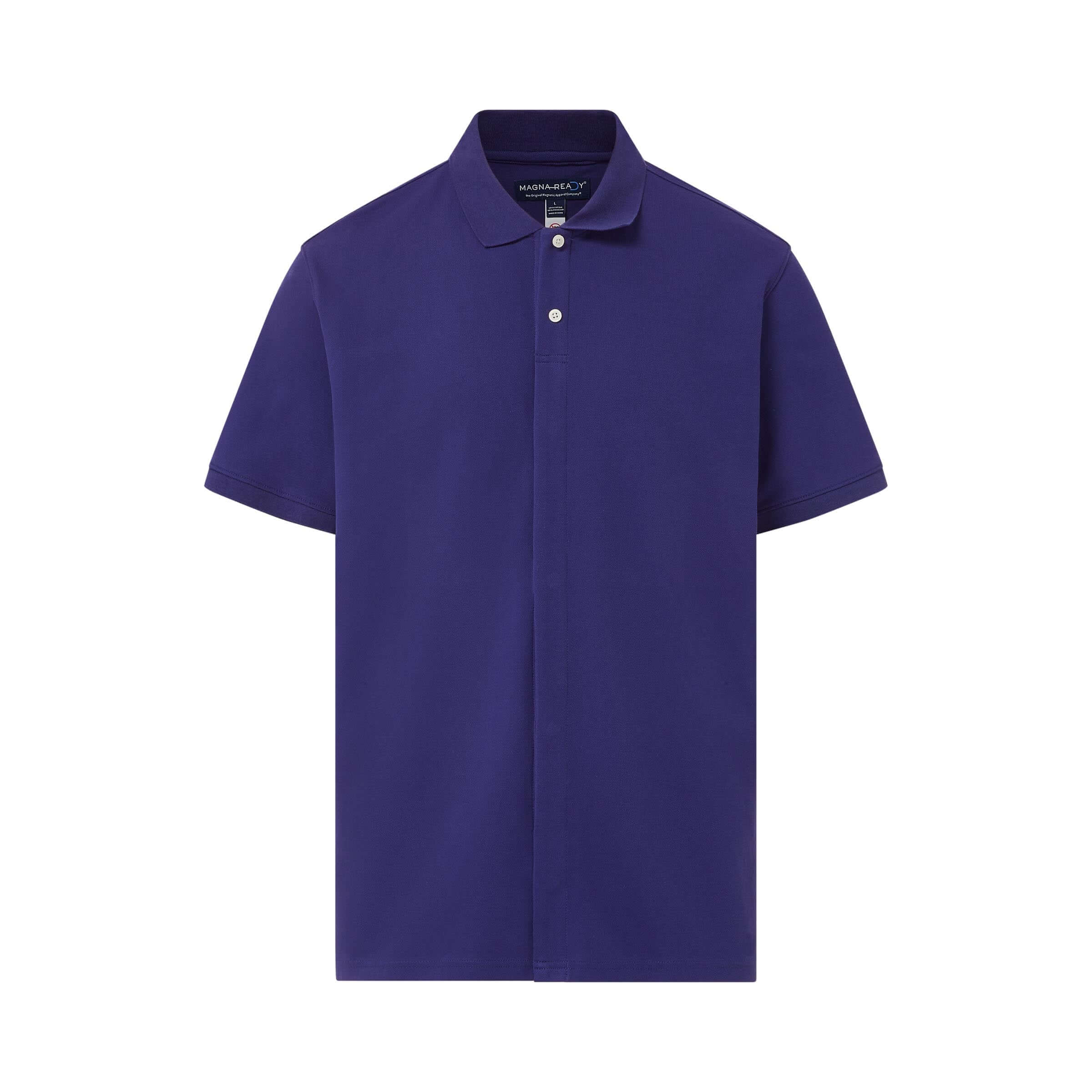 Blue pique knit short sleeve polo with magnetic closures for easy dressing and comfort.