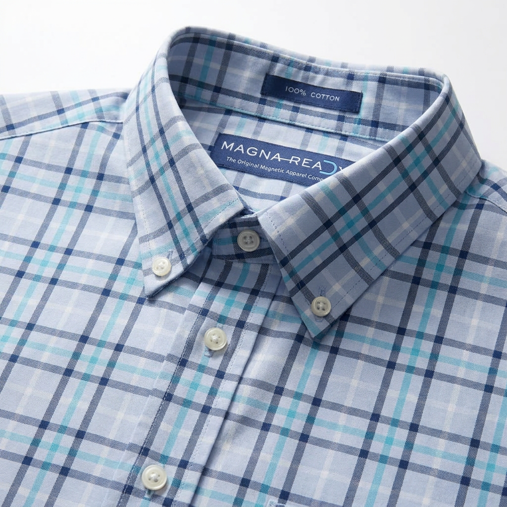 Blue Plaid Short Sleeve Shirt with Magnetic Closures collar and fabric detail, 100% cotton, adaptive design by MagnaReady.