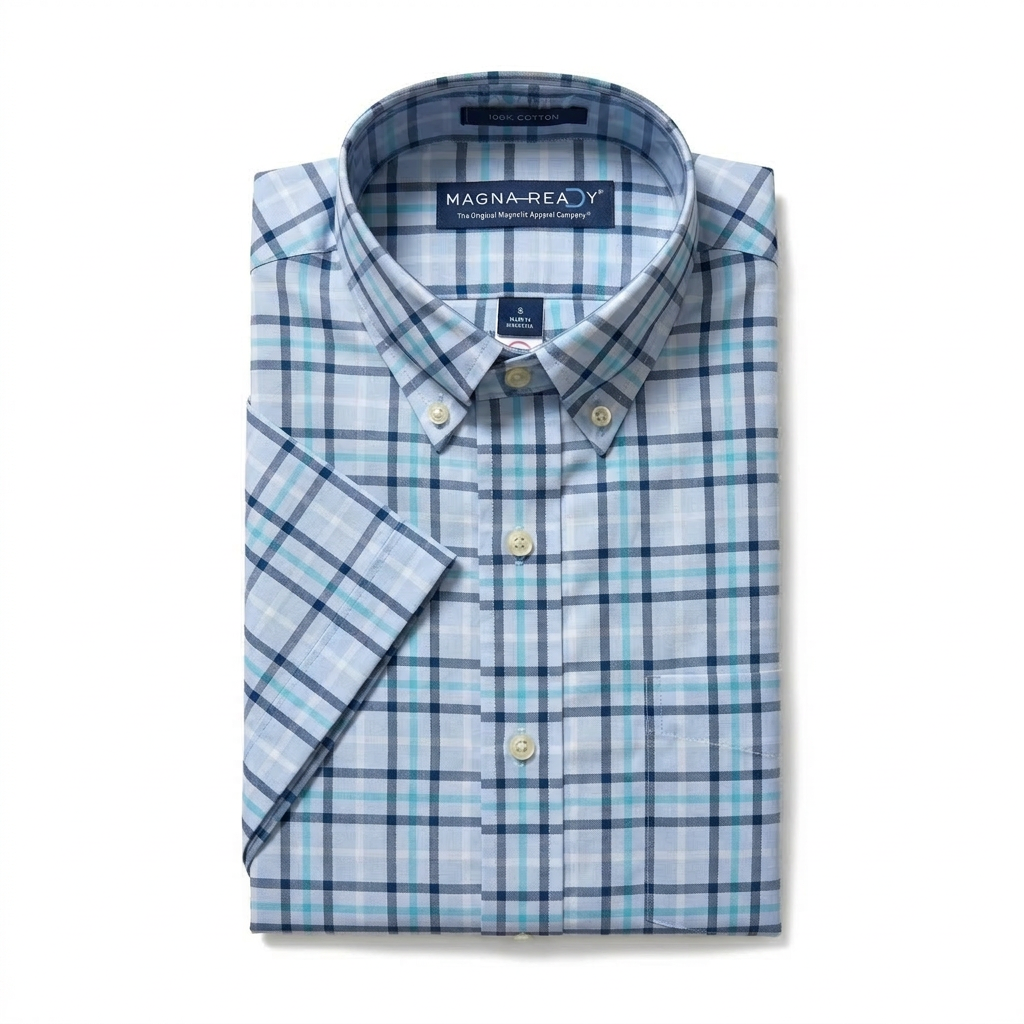 Blue Plaid Short Sleeve Shirt with Magnetic Closures folded neatly, highlighting its button-down collar design.