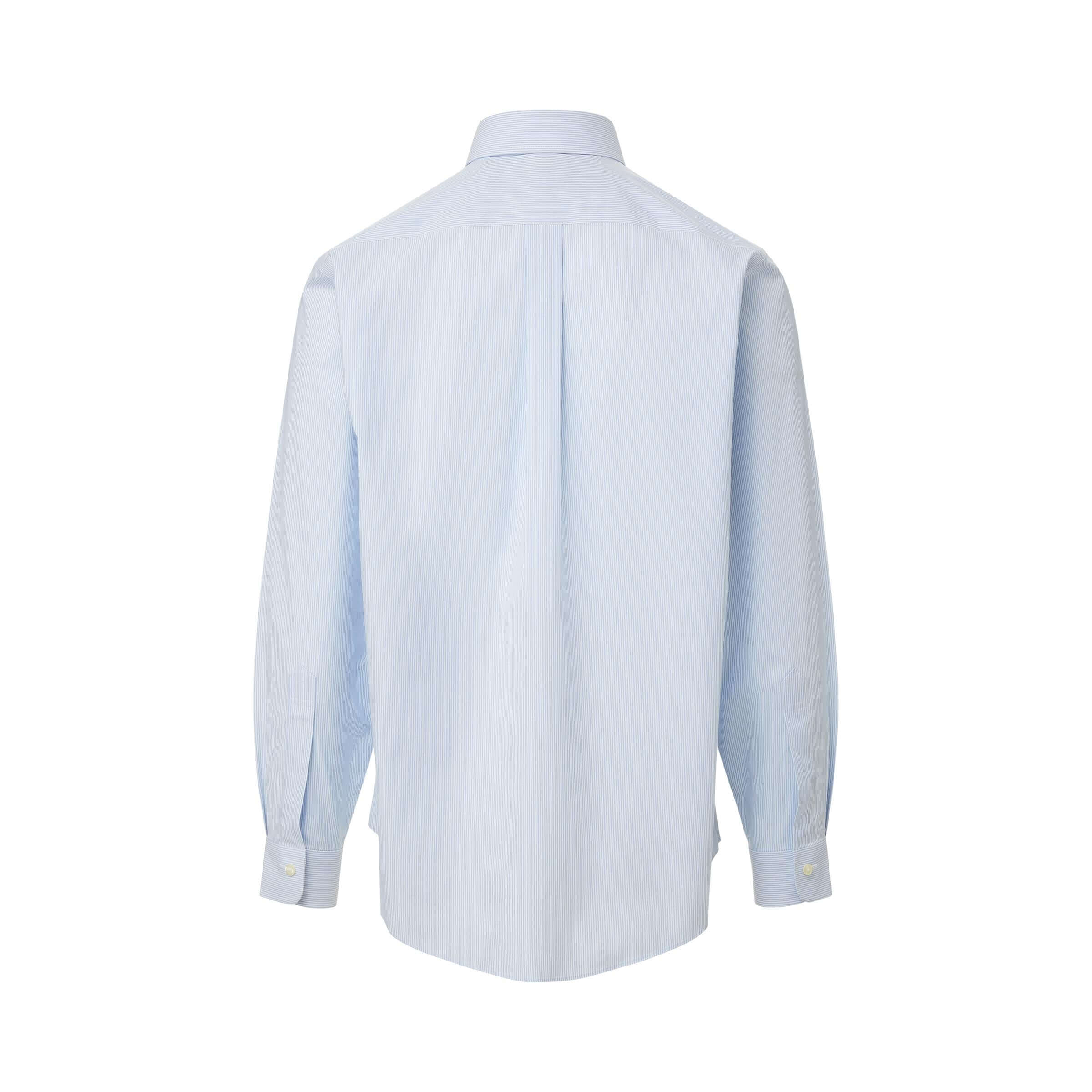 Back view of Brooks Brothers x MagnaReady blue and white stripe polo shirt with button-down collar and magnetic closures.