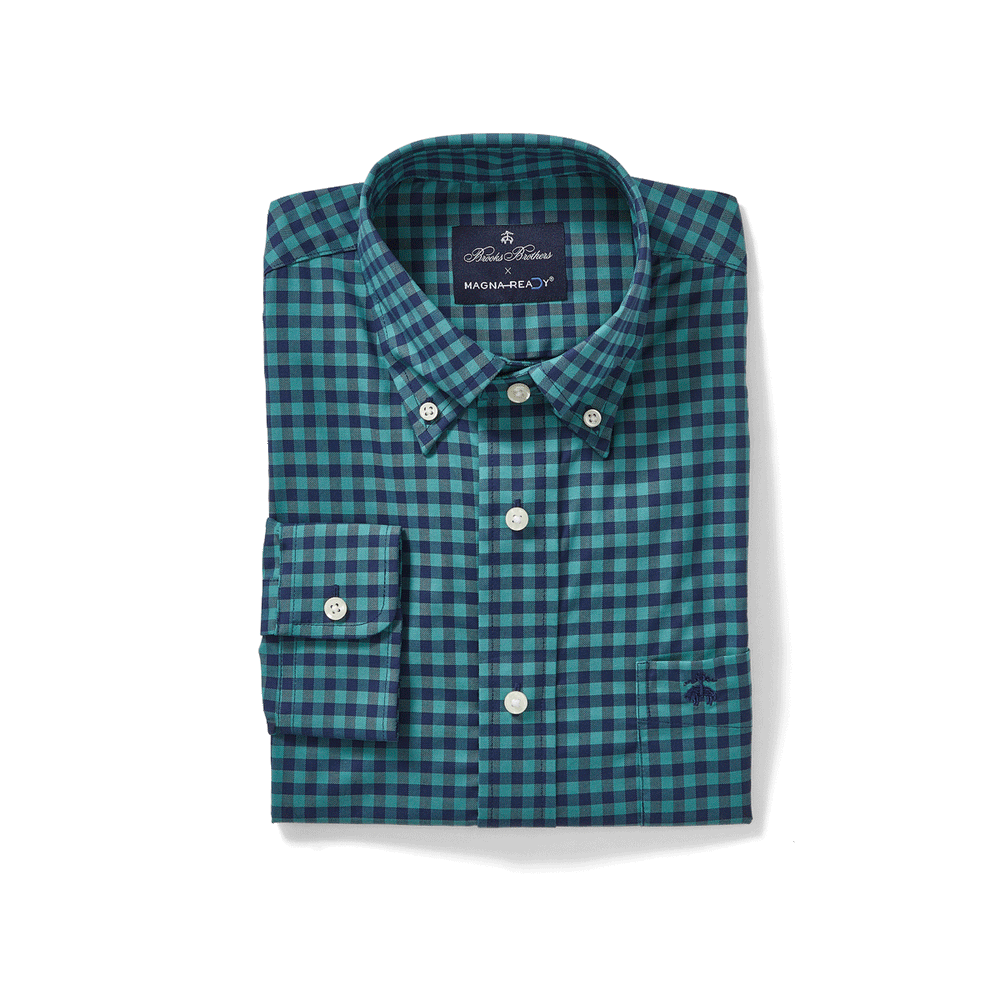 Men's Magnetic Brooks Brothers x MagnaReady Stretch Long Sleeve Green and Blue Plaid Button-Down Collar in Green and Navy - Size Large