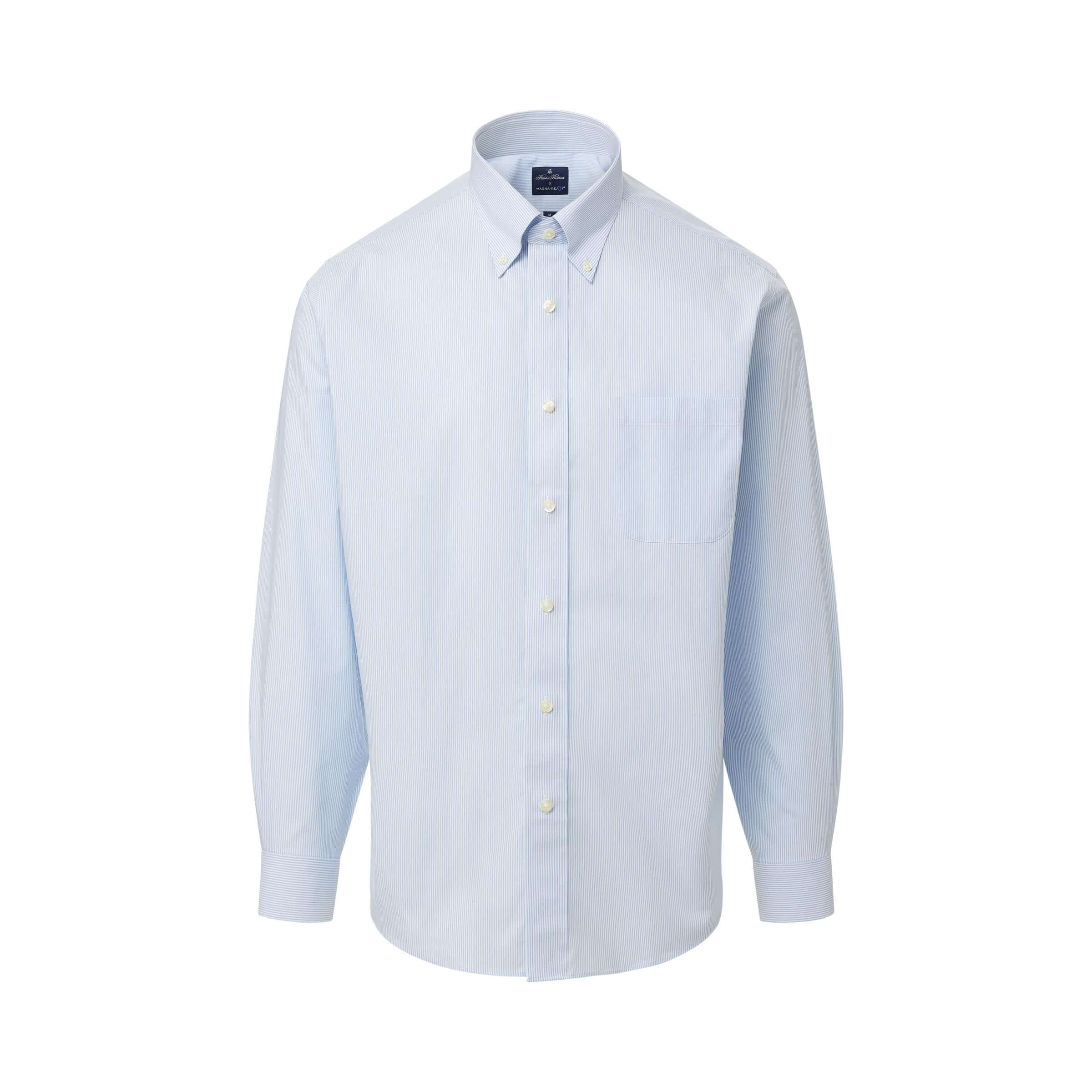 Blue and white stripe long sleeve polo with button-down collar and magnetic closures by Brooks Brothers x MagnaReady.
