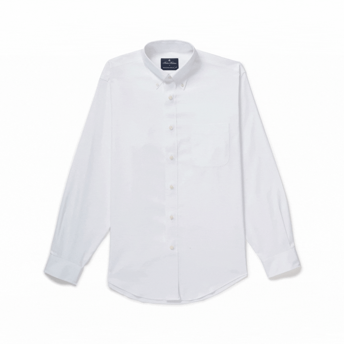 Brooks Brothers x MagnaReady white polo button-down collar shirt with magnetic closures, showcasing adaptive technology.