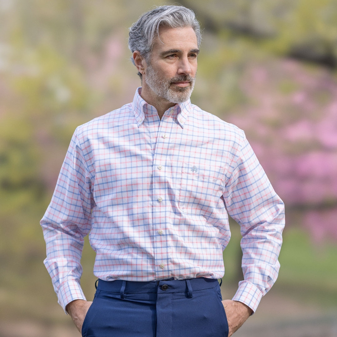Brooks Brothers  X MagnaReady Stretch Long Sleeve Pink Plaid Button-Down Collar with Magnetic Closures model outdoors