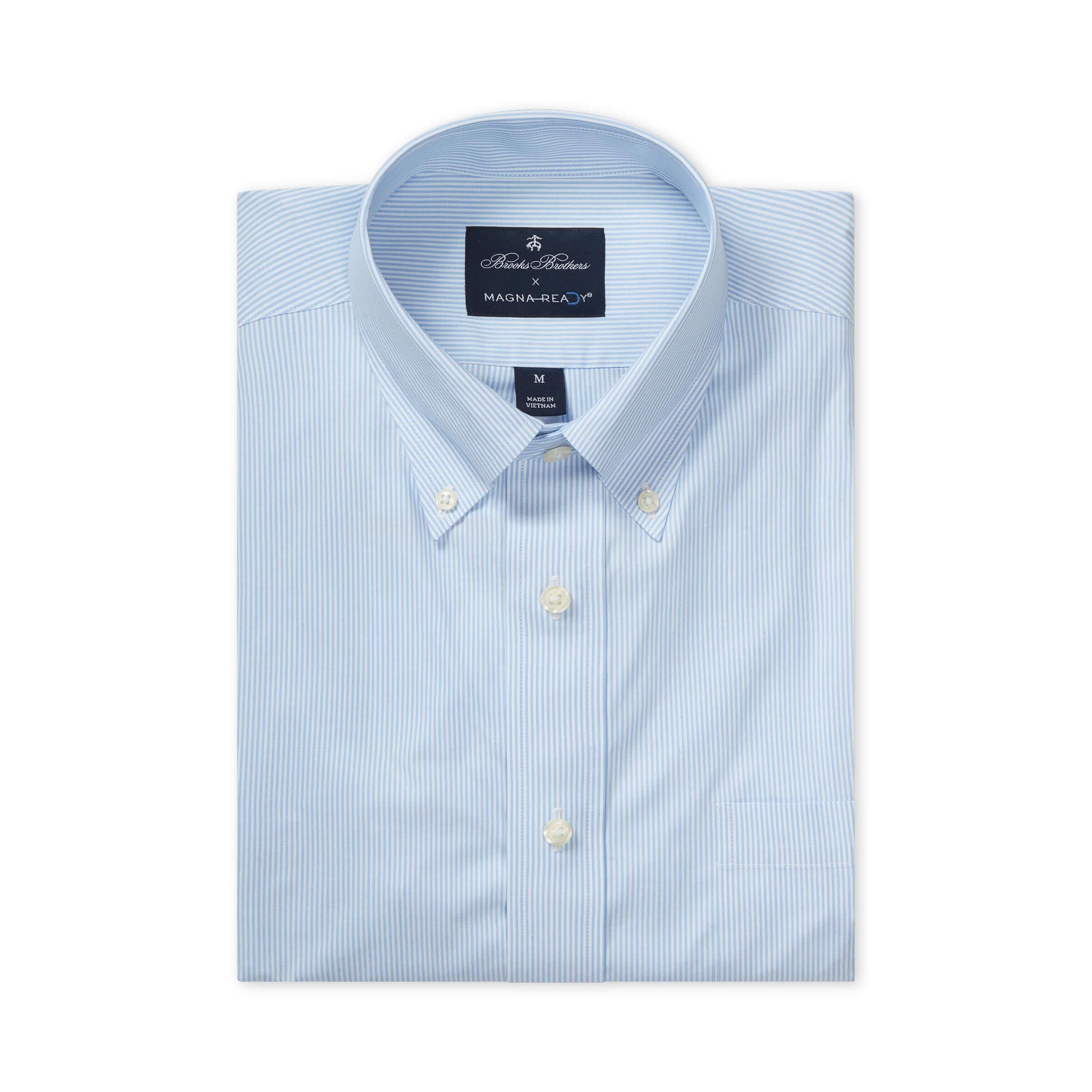 Brooks Brothers MagnaReady blue and white stripe polo shirt with button-down collar, featuring adaptive magnetic closures.