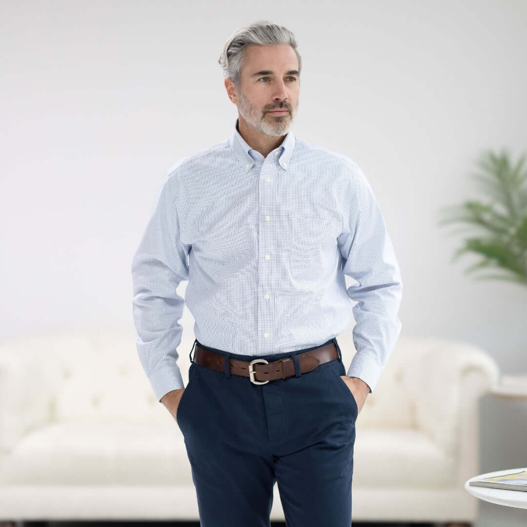 Man modeling Brooks Brothers MagnaReady long sleeve blue and white check shirt with button-down collar.