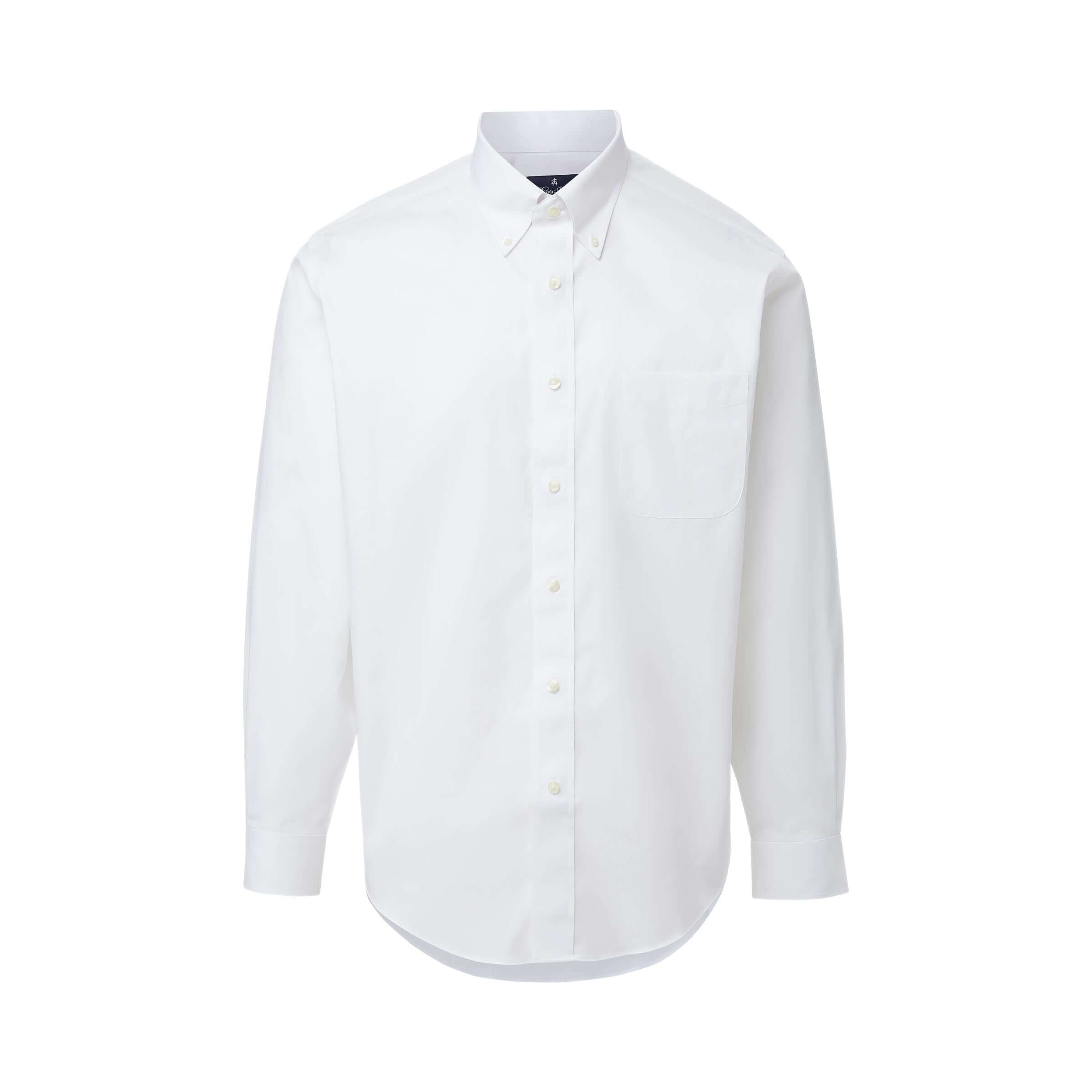 Brooks Brothers x MagnaReady white polo button-down shirt with magnetic closures and long sleeves.
