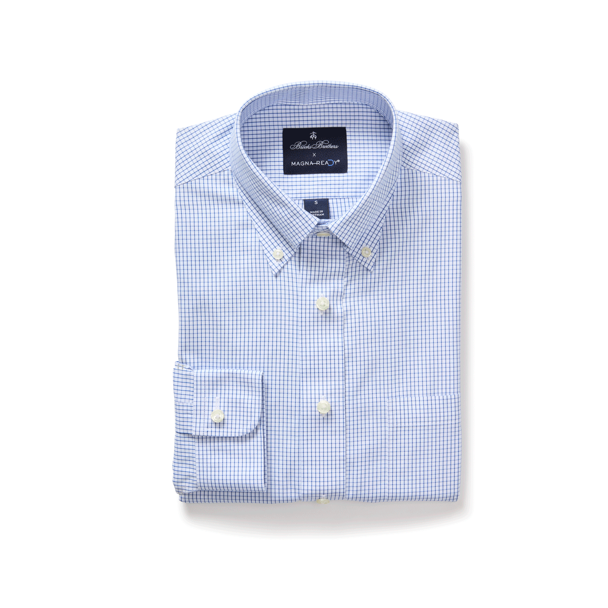 Brooks Brothers x MagnaReady blue and white check button-down shirt with magnetic closures, elegant and adaptive design.