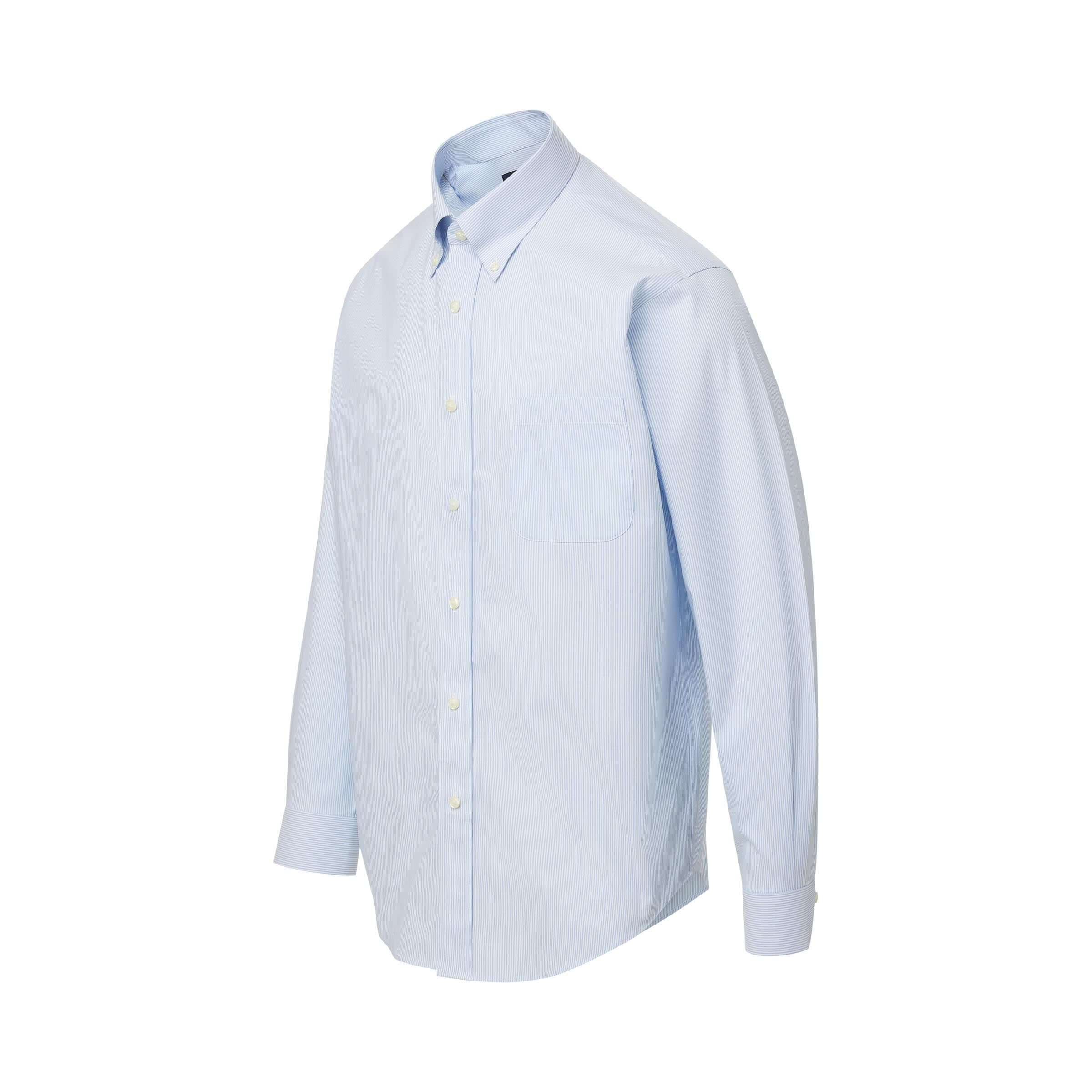 Brooks Brothers x MagnaReady blue and white stripe long sleeve polo shirt with button-down collar and magnetic closures.