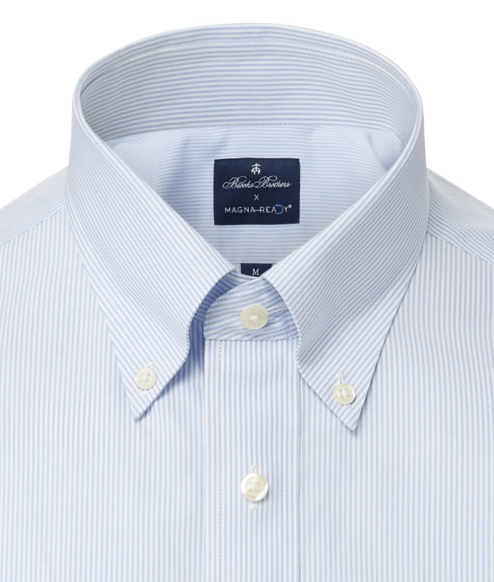 Brooks Brothers x MagnaReady blue and white striped polo shirt featuring button-down collar and magnetic closures.