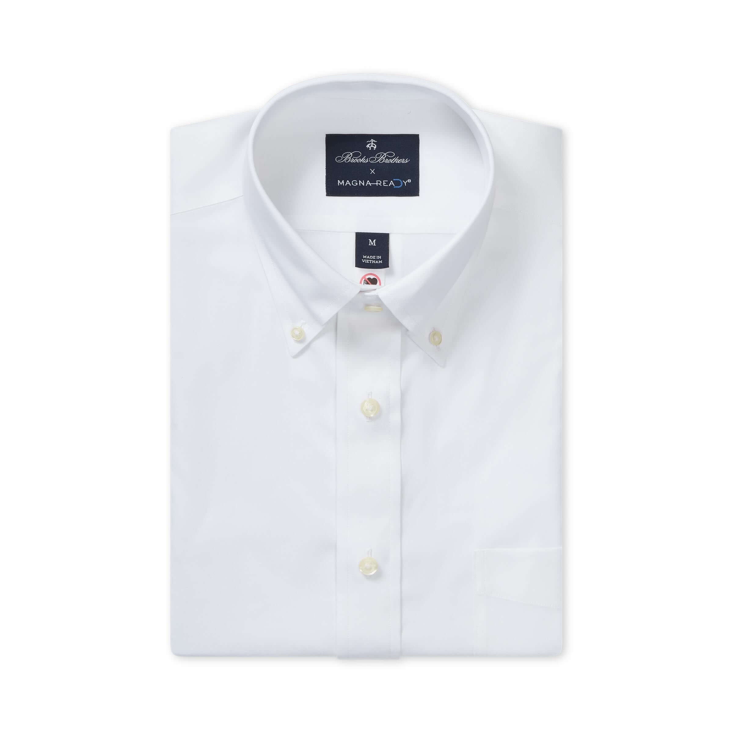 Brooks Brothers x MagnaReady white polo shirt with button-down collar and magnetic closures, ideal for comfort and style.
