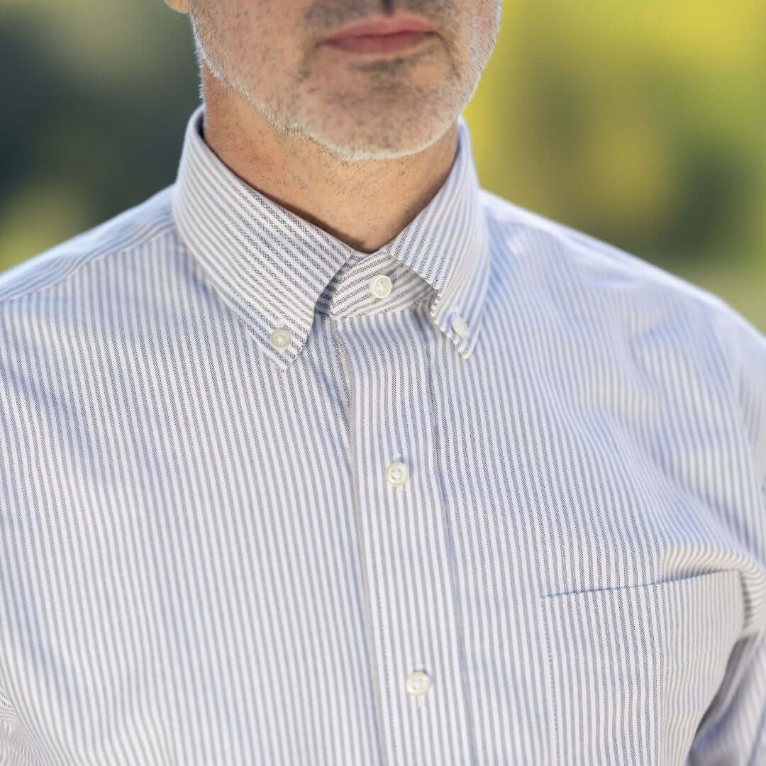 Brown Stripe Long Sleeve Button Down Collar Shirt with Magnetic Closures worn by a person outdoors.