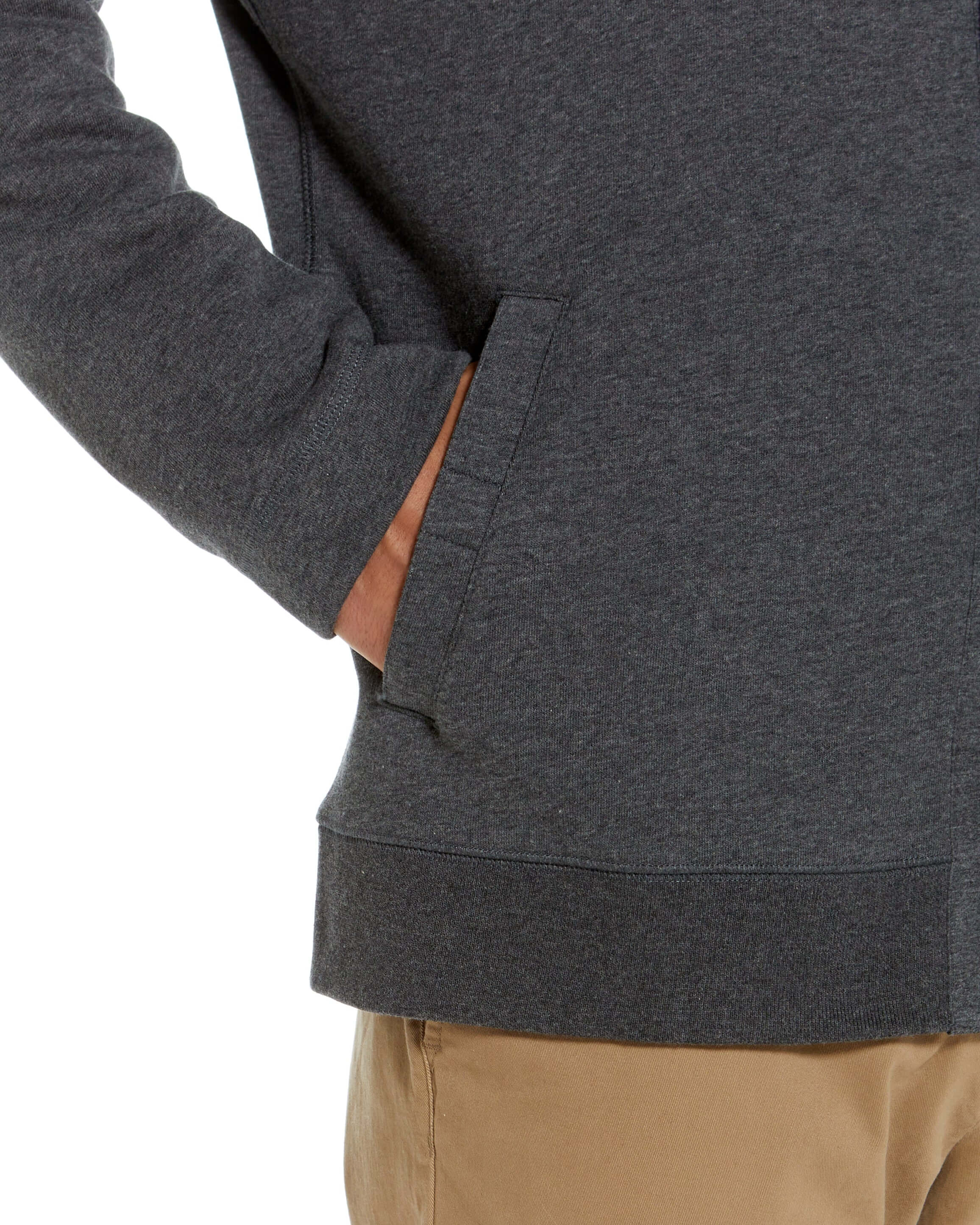 Close-up of charcoal knit fleece jacket pocket, showcasing the stylish design and comfortable fit.