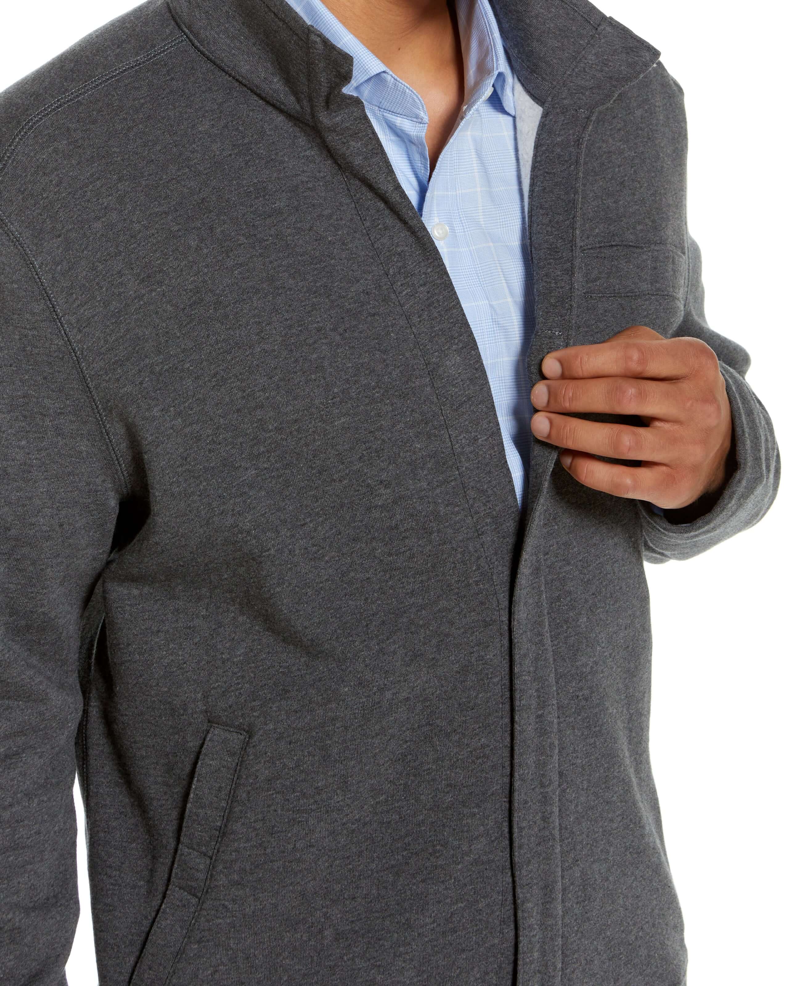 Charcoal knit fleece Dillon jacket featuring magnetic closures, perfect for stylish comfort and easy wear.