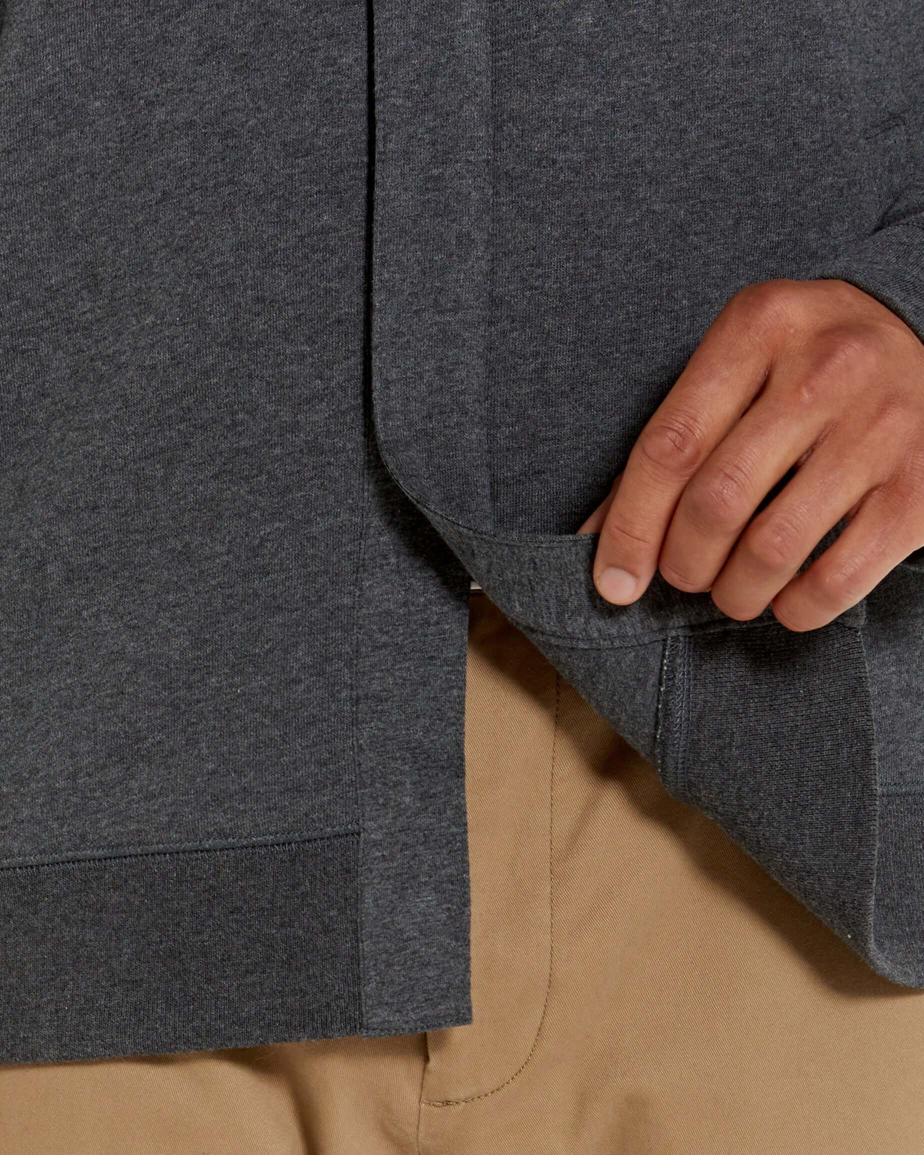 Close-up of the charcoal knit fleece jacket showcasing a magnetic closure and comfortable fit.