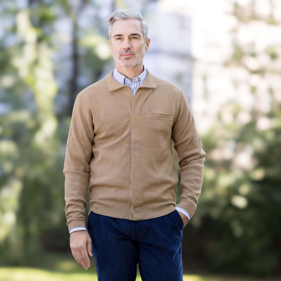 Classic Adaptive Sweater with Magnetic Front Closure and Pocket modeled by a man in casual outdoor setting.