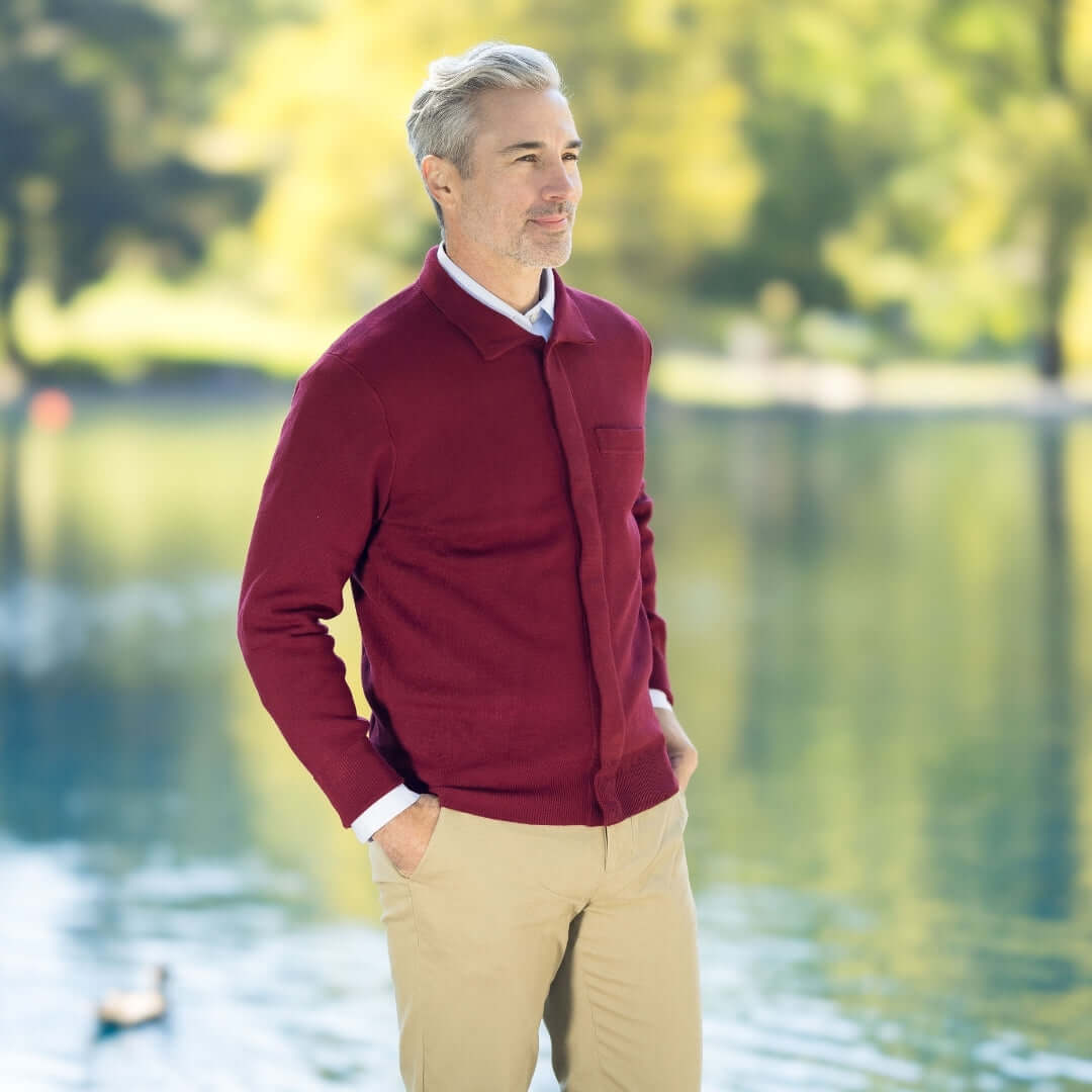 Classic Adaptive Sweater with Magnetic Front Closure and Pocket worn by a man in a natural setting.