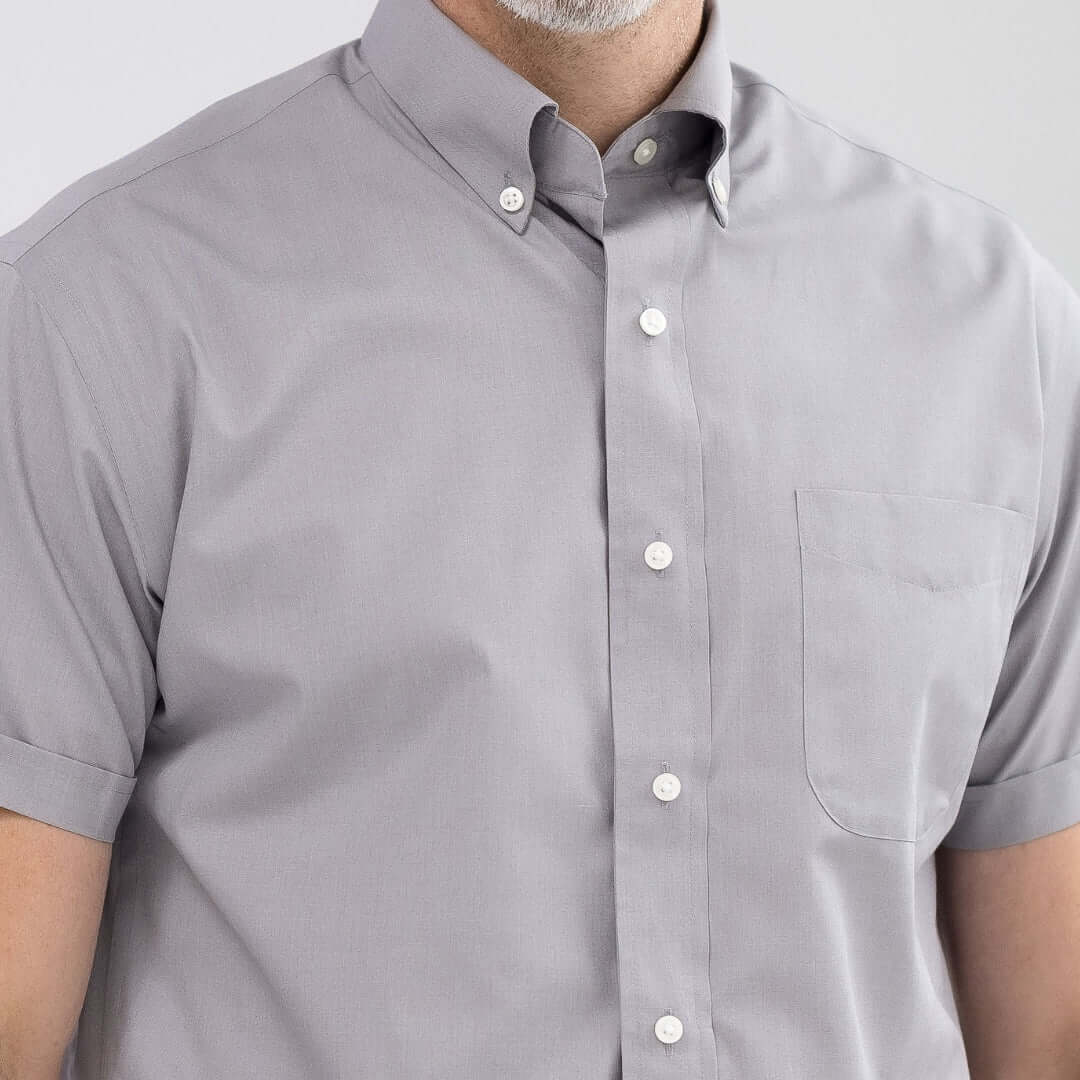 Dove Grey Short Sleeve Button Down Collar Shirt with Magnetic Closures for adaptive wear.