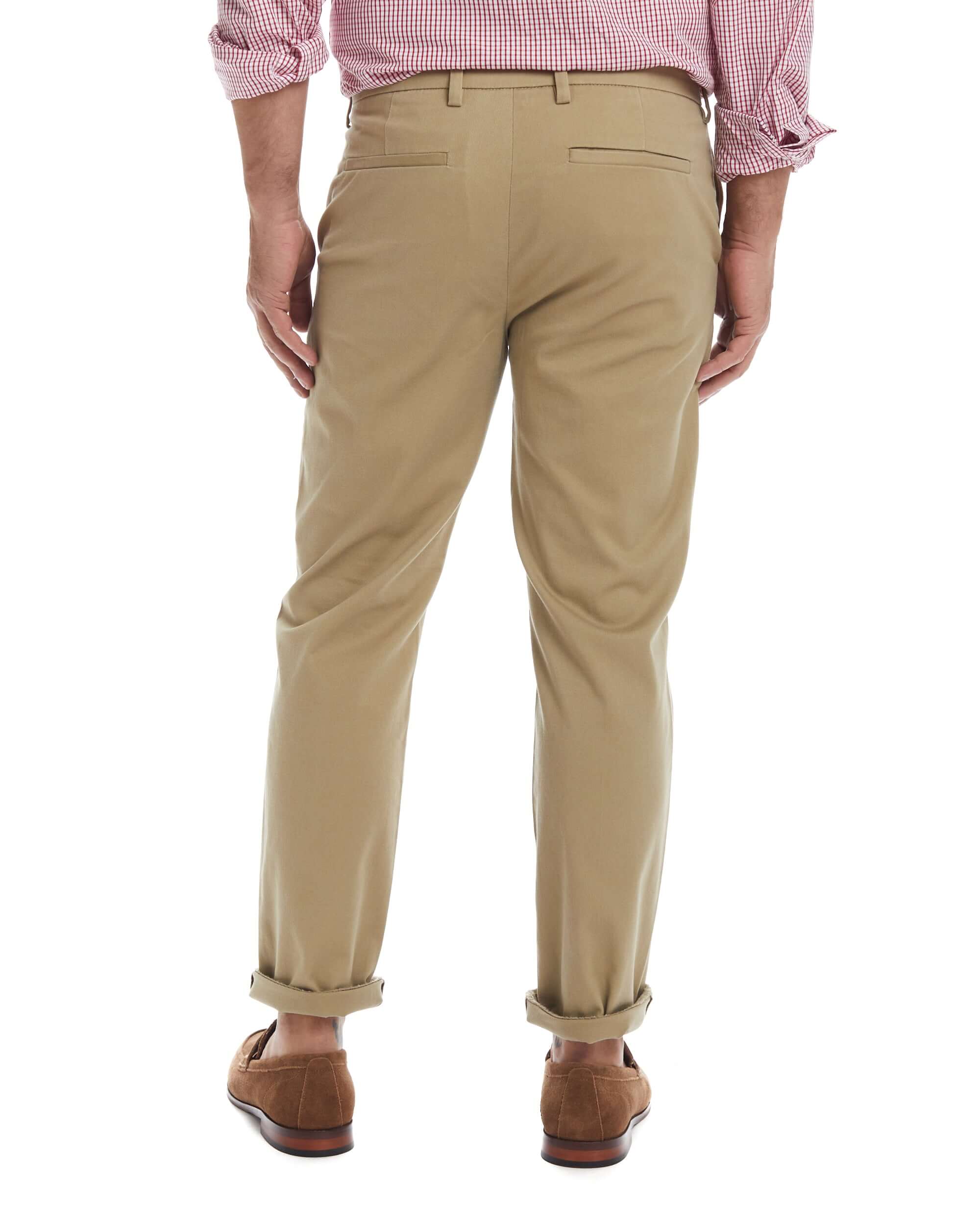 Back view of khaki adaptive chino twill pant for easy wear and comfort, featuring a tailored fit and rolled cuffs.