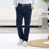 Navy adaptive chino twill pant with magnetic closures, designed for individuals with mobility limitations.